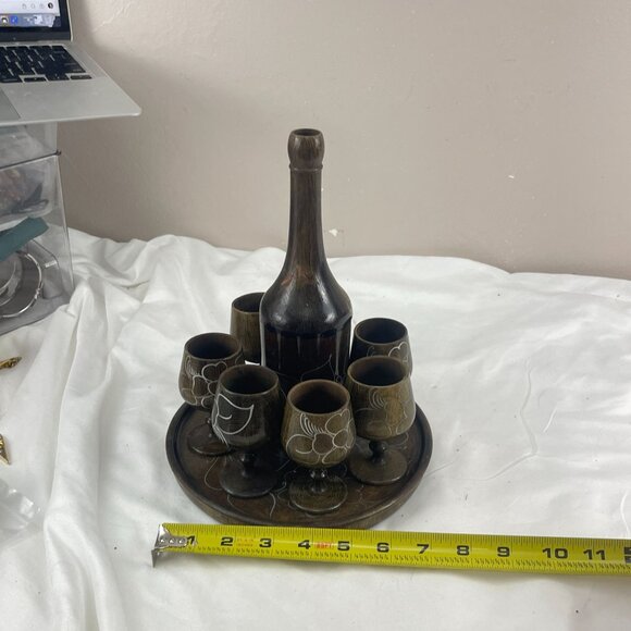 Handcrafted Wooden MCM Hand Turned Decanter Set With 6 Floral Etched Goblets & R - Picture 9 of 12